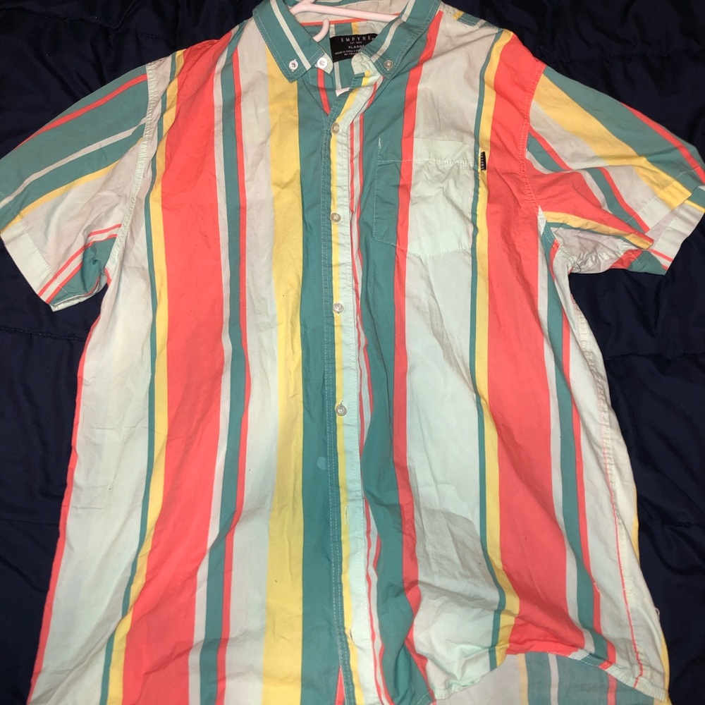 blue orange/peach and white button up